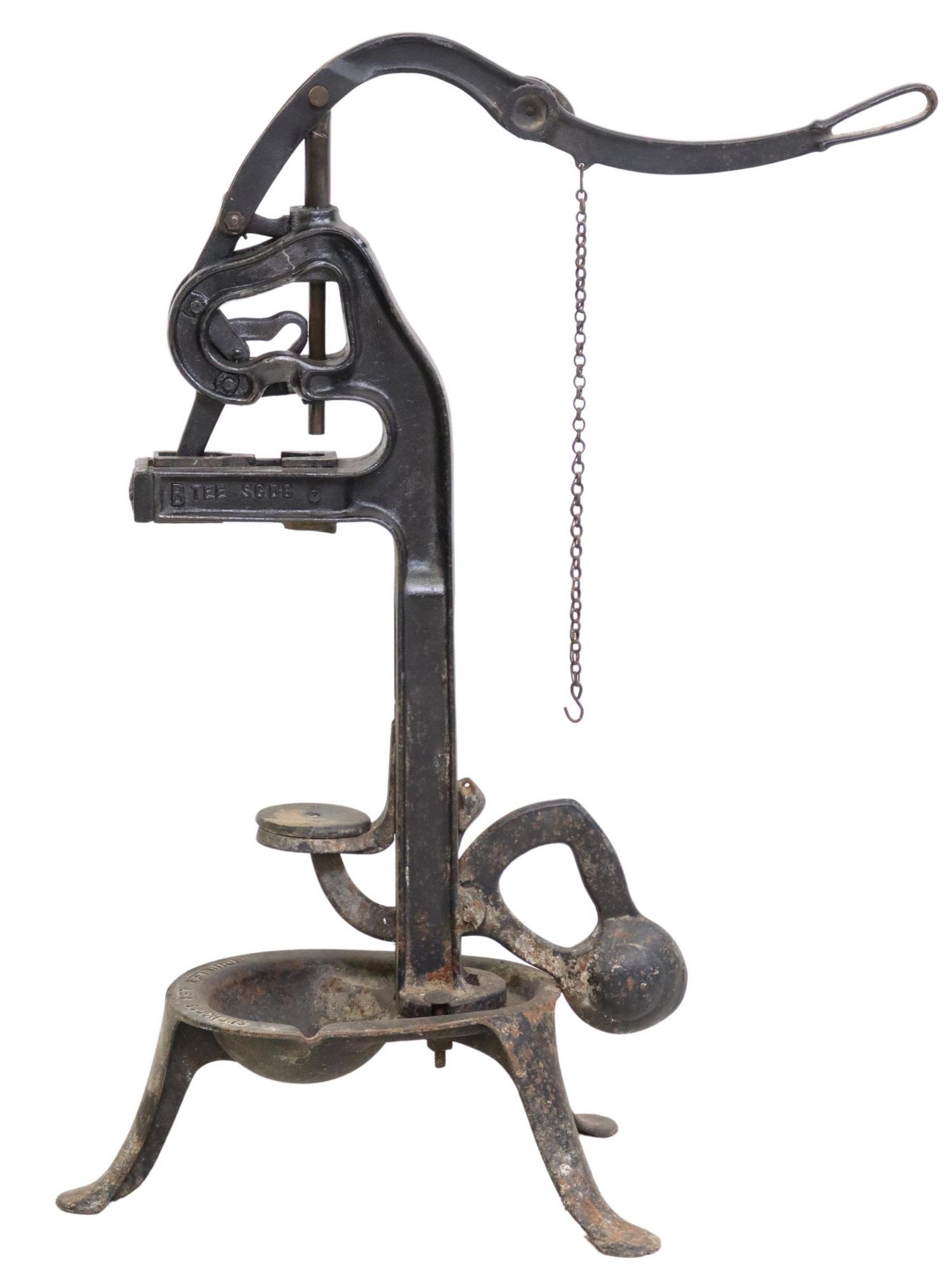 FRENCH CAST IRON LEVERAGE WINE BOTTLE CORKER: French cast iron standing wine bottle cork press, late 19th/ early 20th c., marked in the casting Mouiller Les Bouchons, A. Parfaite, B Tee SGDG, HH a Paris with five-pointed star, approx 39.5"h Start