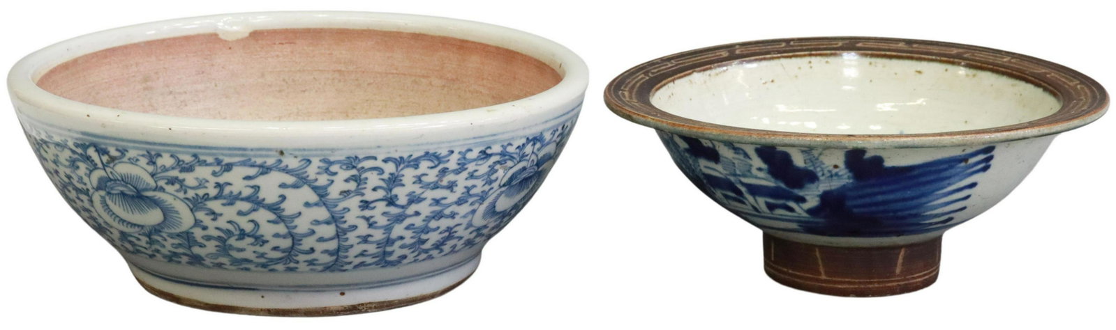 (2) CHINESE BLUE & WHITE PORCELAIN BOWLS: (lot of 2) Chinese blue and white porcelain bowls, including: (1) depicting a peony scroll design, partial wax seal, approx 4"h, 10.5" diam; (1) footed bowl, having incised pattern to rim, pastoral sc