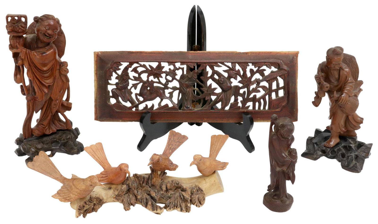 5) CHINESE CARVED WOOD TAOIST IMMORTAL & FISHERMAN: (lot of 5) Chinese carved wood decorative objects, highlights include: (1) figural carving depicting the immortal Lan Caihe with basket of flowers, approx 8.75"h, 3.75"w, 3"d, (1) figural carving depi