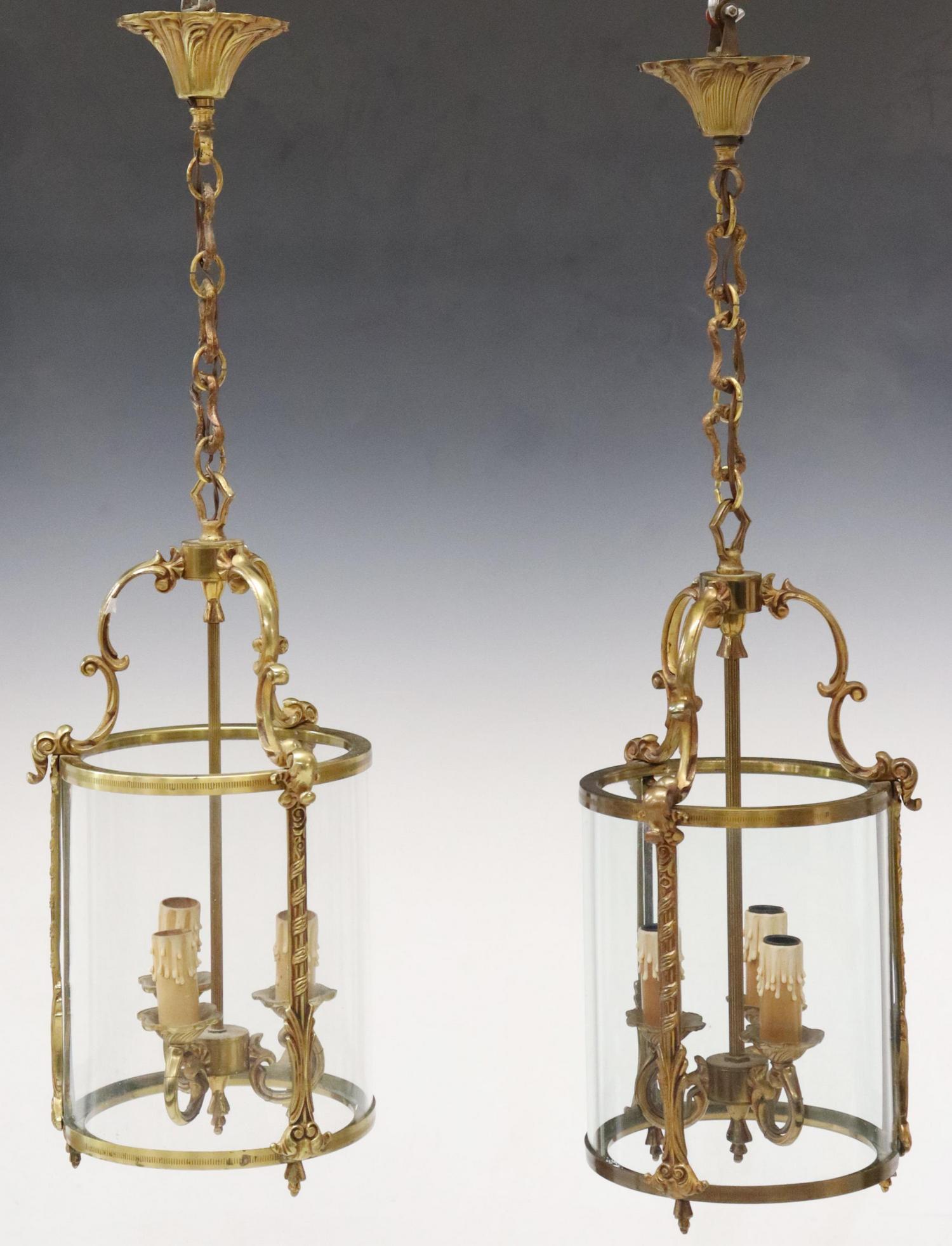 (2) FRENCH BRASS & GLASS 3-LIGHT HANGING LANTERNS (1 of 3)