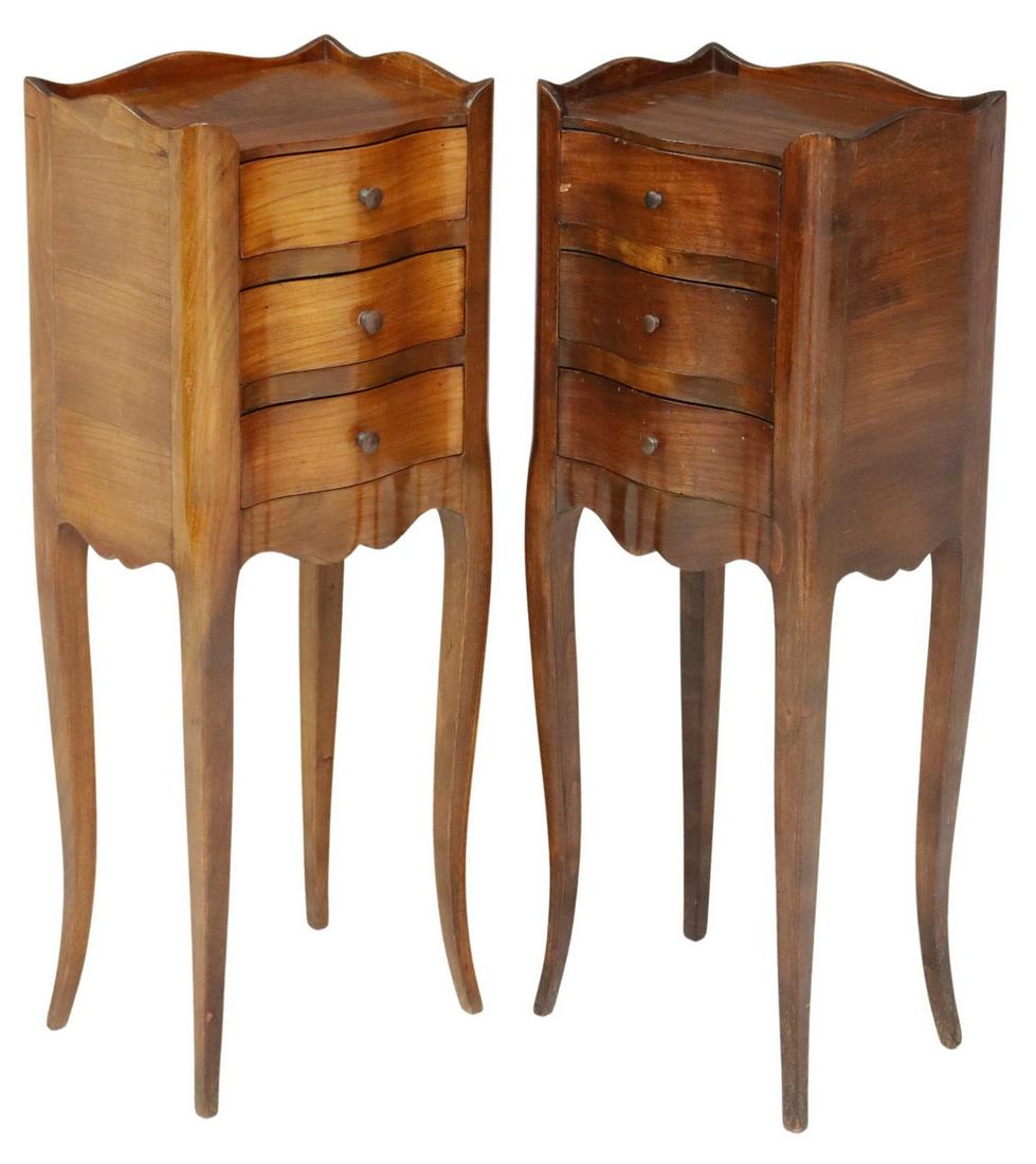 (2) FRENCH LOUIS XV STYLE NIGHTSTANDS: (pair) French Louis XV style nightstands, 20th c., serpentine case, fitted with three drawers, rising on cabriole legs, approx 27.75"h, 10.25"w, 8"d Start Price: $250.00