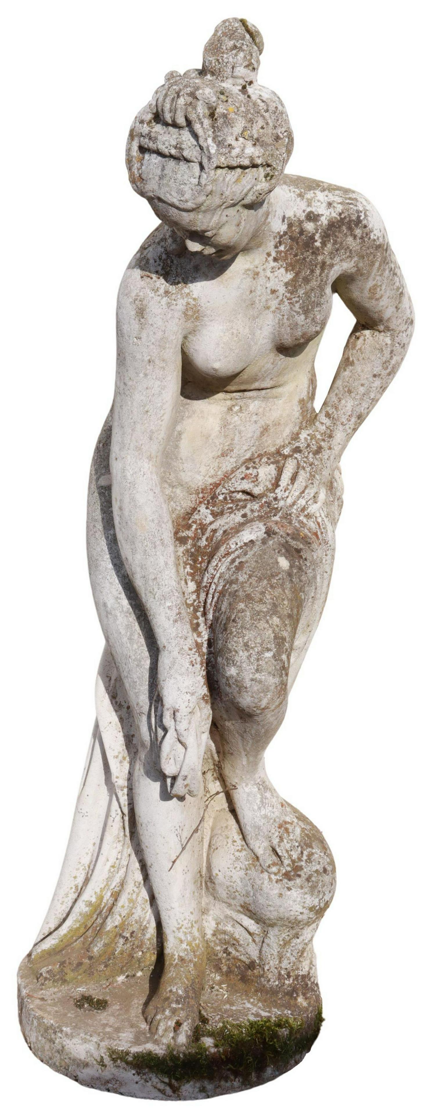 CAST STONE GARDEN STATUARY BATHING VENUS, 42"H: Cast stone garden statuary, Venus After the Bath, after Christophe-Gabriel Allegrain (French, 1710-1795), classical maiden in drapery, rising on round pedestal, some loss at hair, approx 42"h, 16"w, b