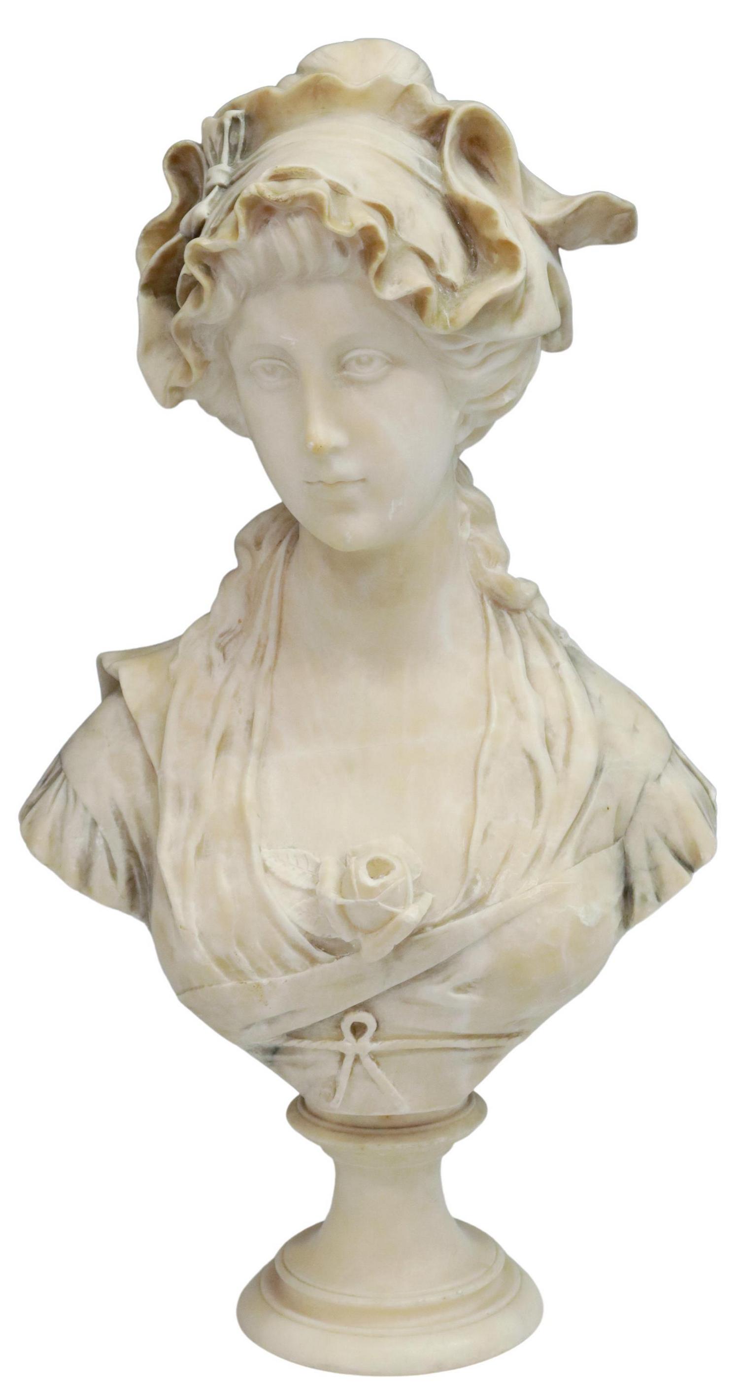 CARVED ALABASTER BUST, YOUNG LADY WITH ROSE (1 of 5)