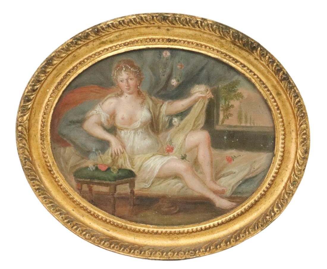 FRENCH SCHOOL OIL ON PAPER PAINTING RECLINING LADY: French School oil painting on paper, Reclining Maiden with Flowers, sight: approx 4.75"h, 6 1/8"w, overall: 6.75"h, 8"w, 0.5lbs **Provenance: from the estate of a German antiques dealer who immigrated