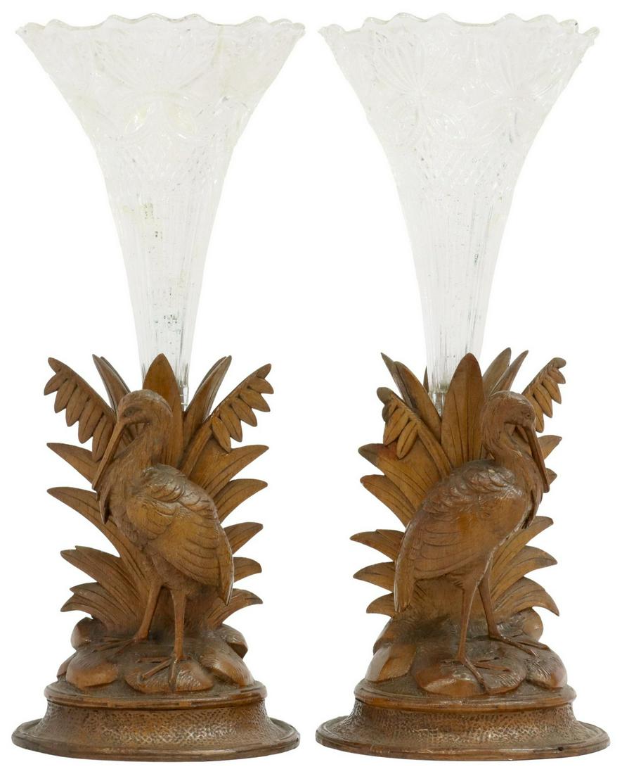(2) BLACK FOREST CARVED WALNUT & GLASS SPILL VASES (1 of 5)