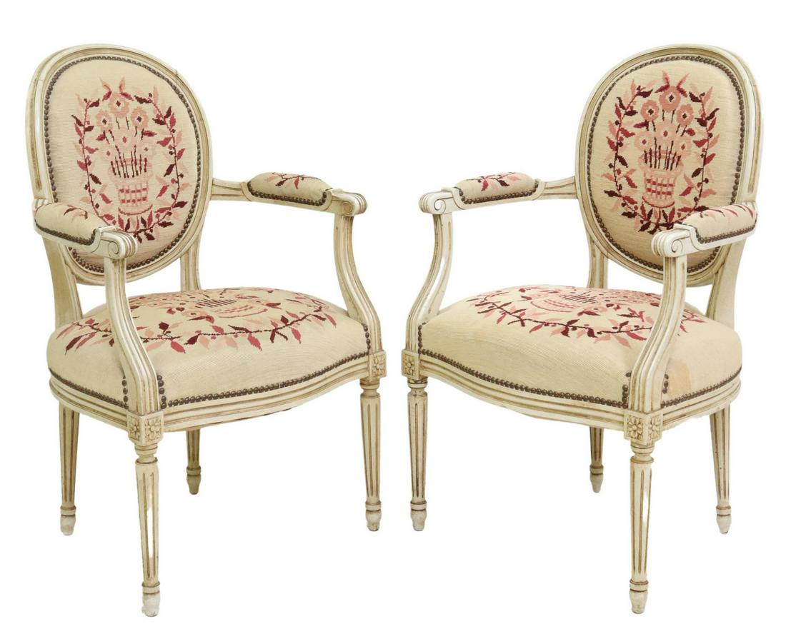 (2) LOUIS XVI STYLE NEEDLEPOINT PAINTED FAUTEUILS (1 of 4)