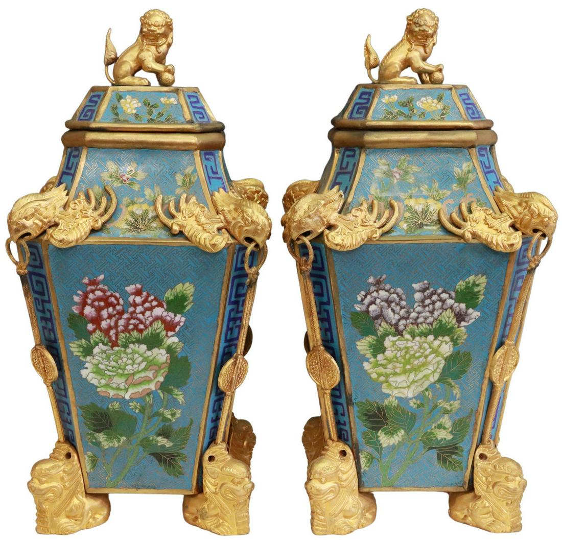 (2) CHINESE CLOISONNE ENAMEL FOO LION VASES (1 of 4)