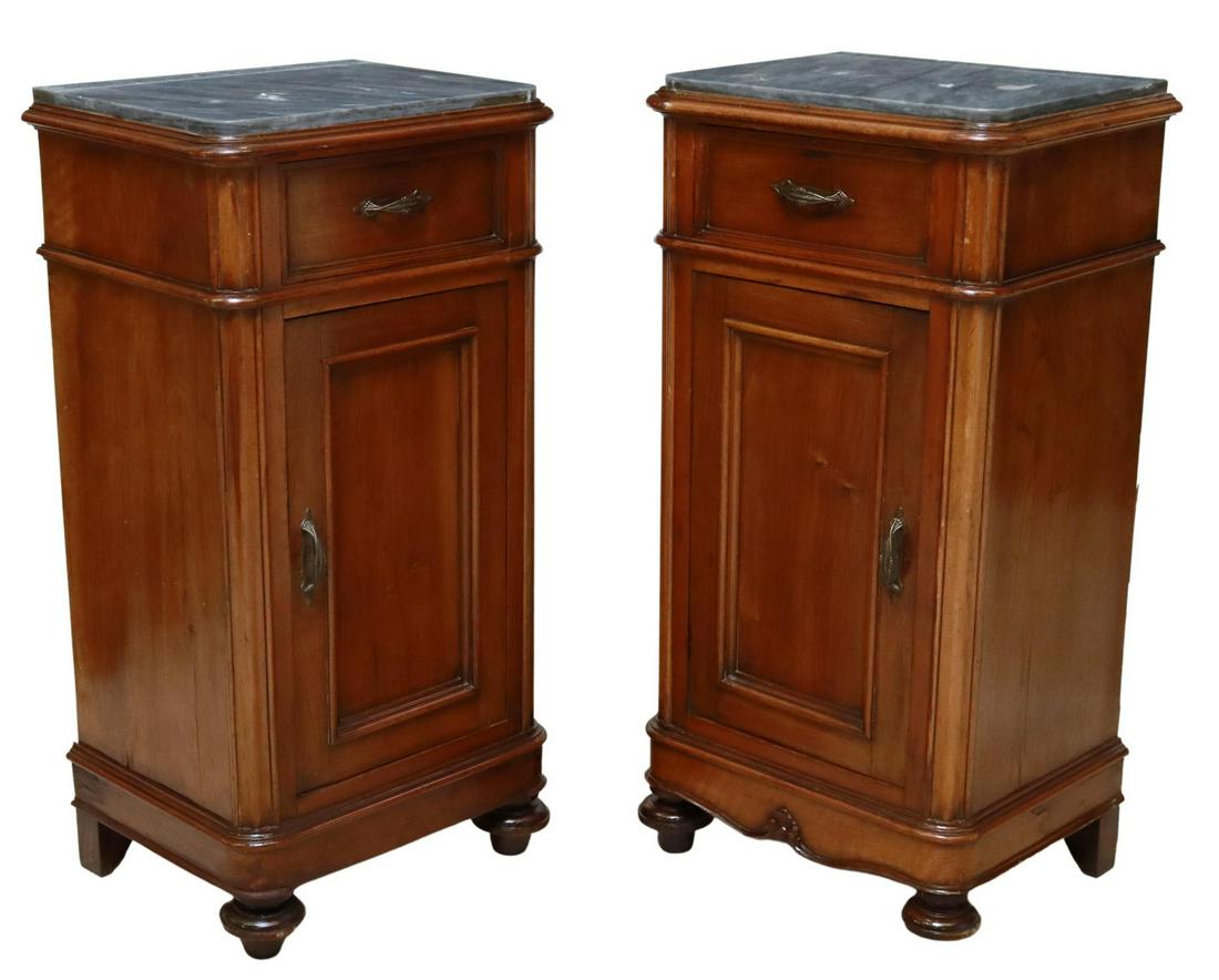 (2) ITALIAN MARBLE-TOP WALNUT BEDSIDE CABINETS (1 of 6)