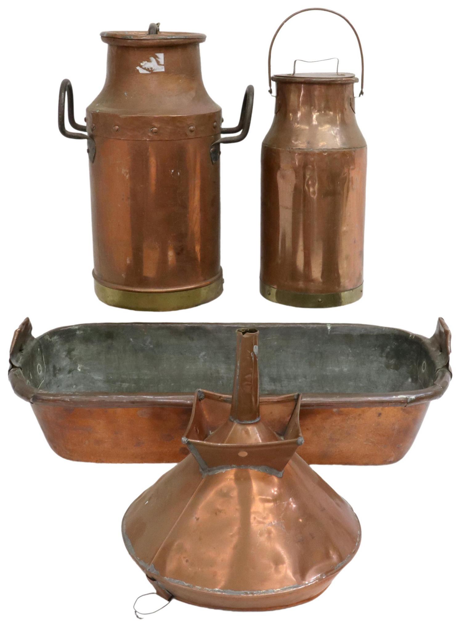 (4) FRENCH COPPER MILK CANS, FUNNEL & FISH POACHER (1 of 5)