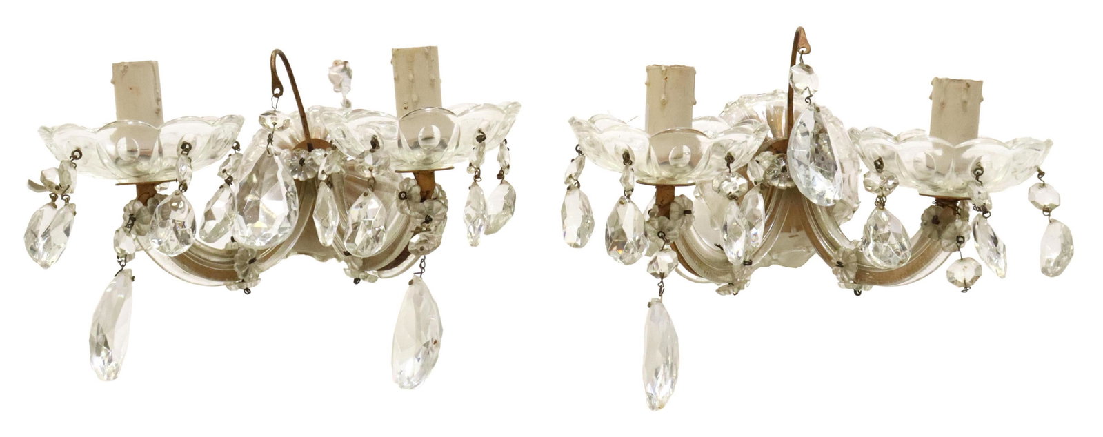 (2) ITALIAN MARIA TERESA STYLE 2-LT WALL SCONCES: (pair) Italian Maria Teresa style glass and metal two-light wall sconces, 20th c., having scalloped base, issuing two arms with applied floral beads, ending in floral bobeches and faux candles, hung w