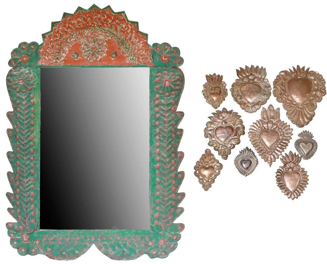 (10) TIN FRAMED MIRROR & HEART MILAGROS, MEXICO (1 of 6)