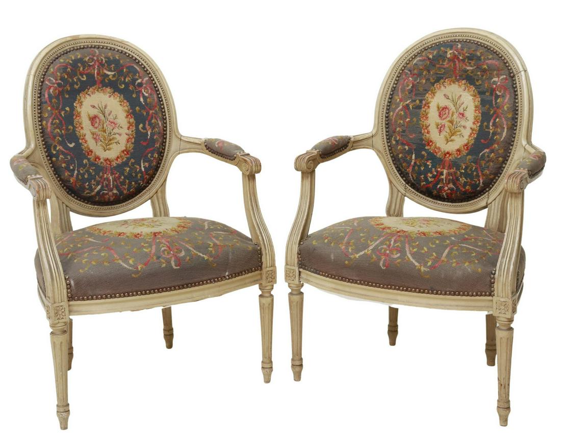 (2) FRENCH LOUIS XVI STYLE UPHOLSTERED FAUTEUILS (1 of 4)