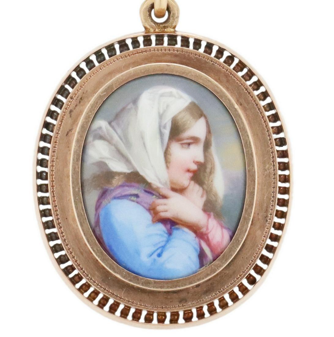 ESTATE 14K ROSE GOLD ENAMEL PORTRAIT PLAQUE LOCKET (1 of 3)