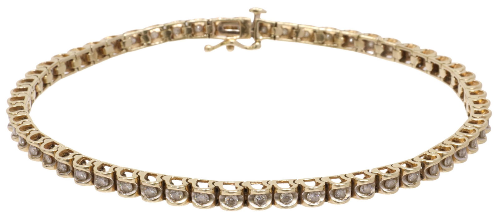 ESTATE 14KT GOLD 1.50CTTW DIAMOND TENNIS BRACELET: Estate 14kt yellow gold tennis bracelet, set with fifty-six diamonds, approx 1.50cttw, average clarity: I, average color: I, safety clasp hallmarked 14K, approx 8.5"l, 14.7 grams (inclusive of all mat