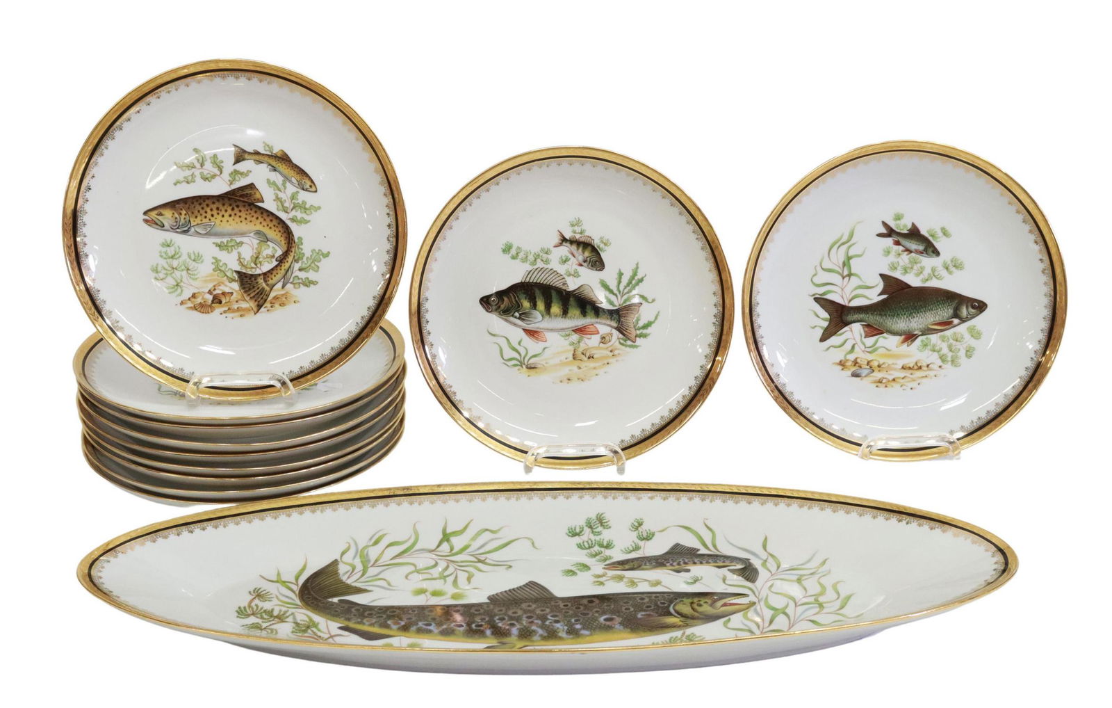 (12) FRENCH PARCEL GILT PORCELAIN FISH SERVICE (1 of 4)