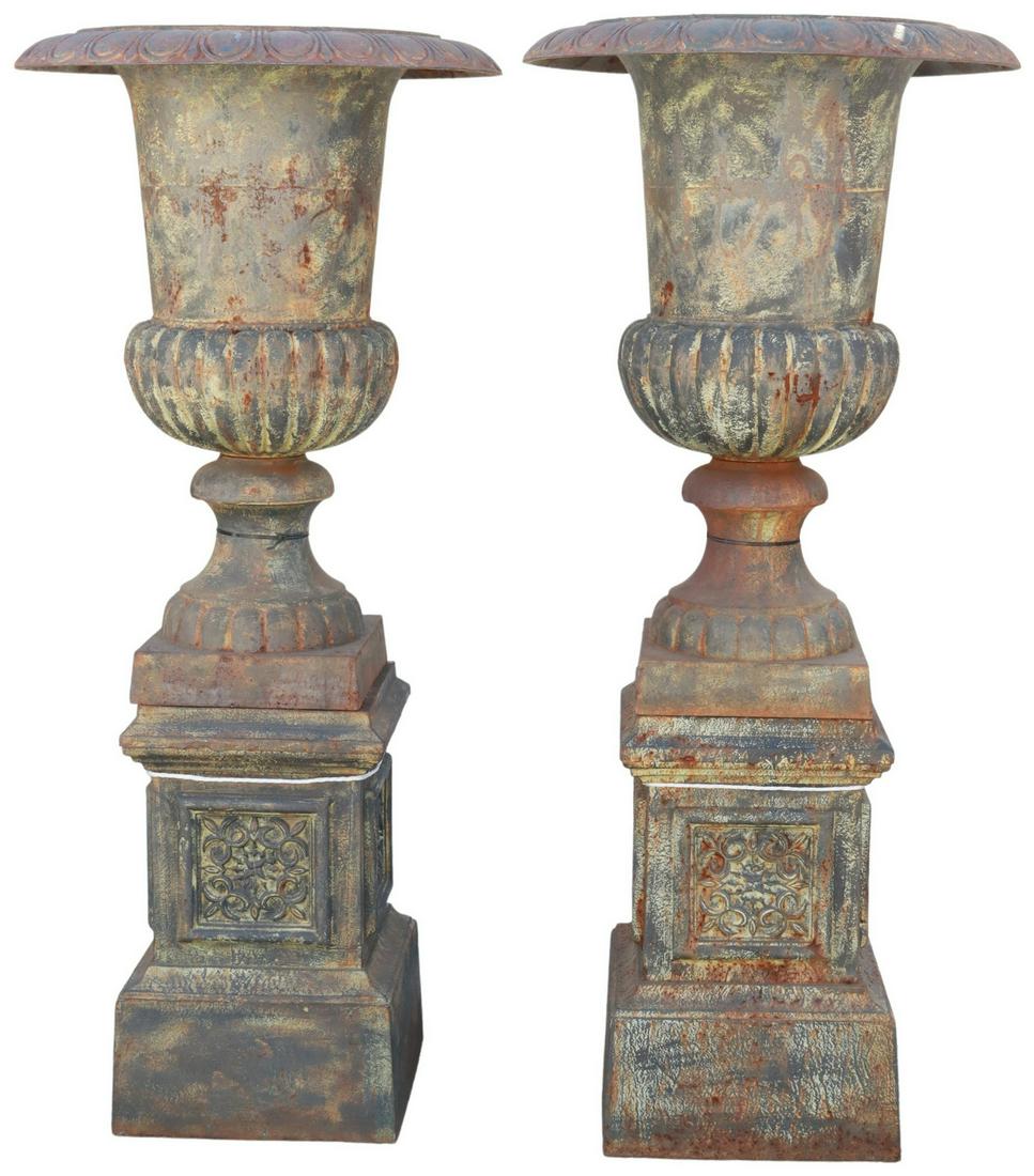 (2) CAST IRON CAMPANA-FORM URNS ON PEDESTALS (1 of 3)