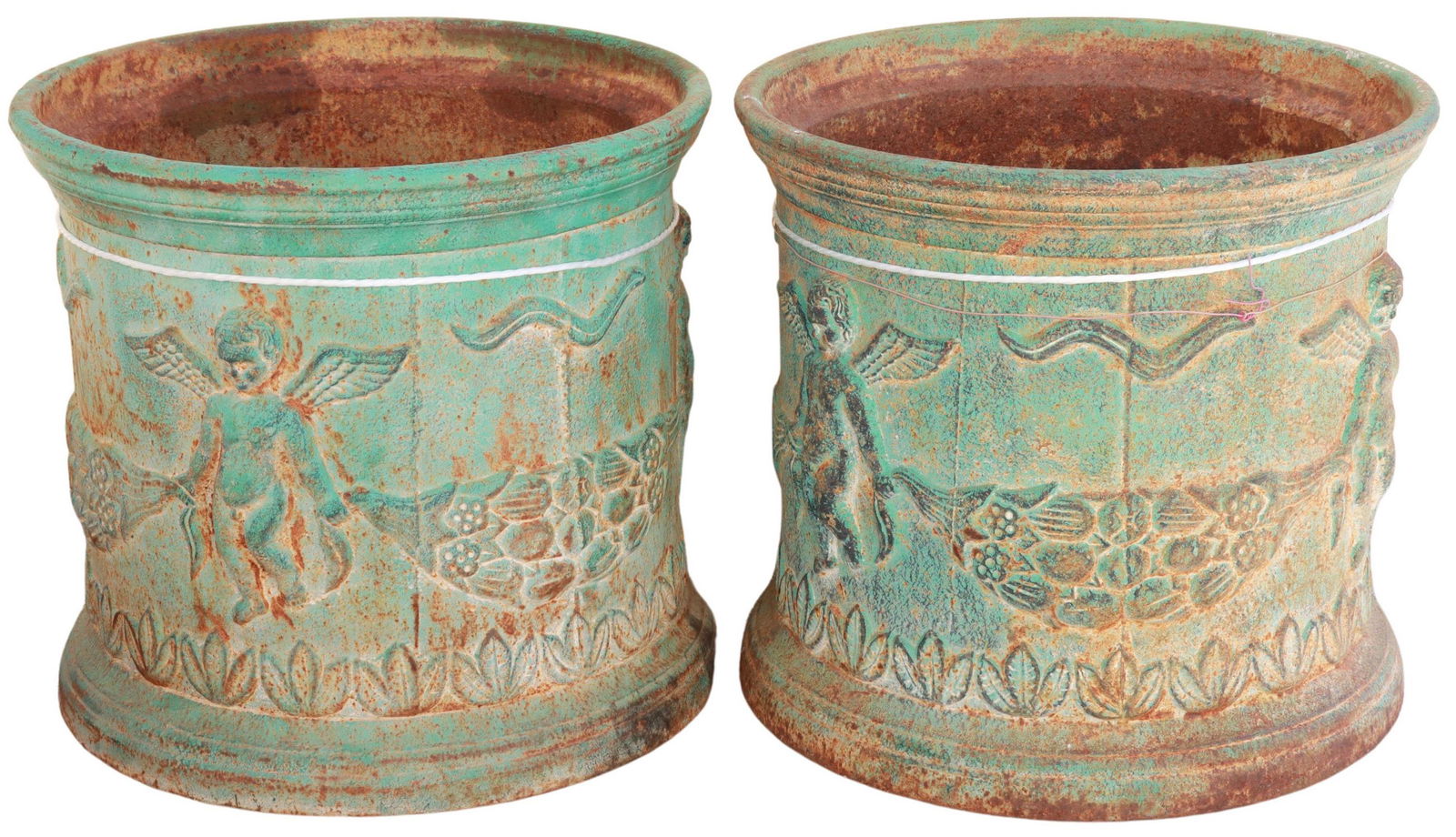 (2) VERDIGRIS PATINATED CAST IRON GARDEN PLANTERS (1 of 3)