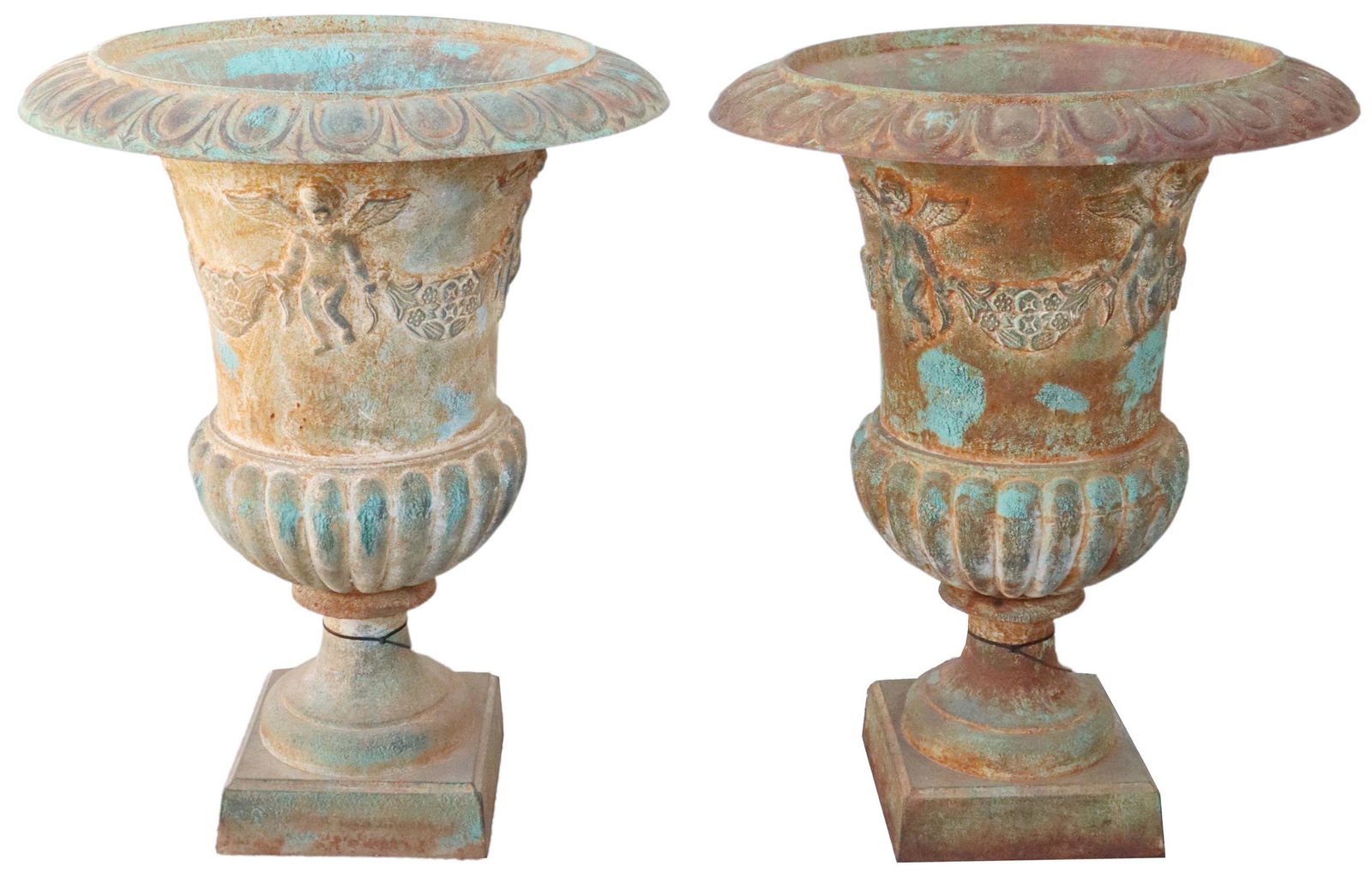 (2) VERDIGRIS CAST IRON CAMPANA-FORM URN PLANTERS (1 of 3)