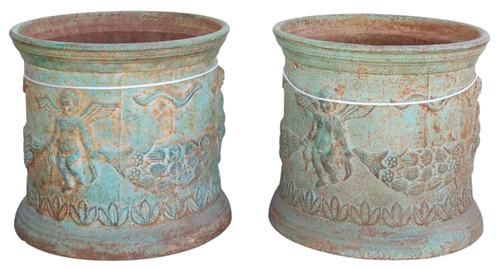 (2) VERDIGRIS PATINATED CAST IRON GARDEN PLANTERS (1 of 4)
