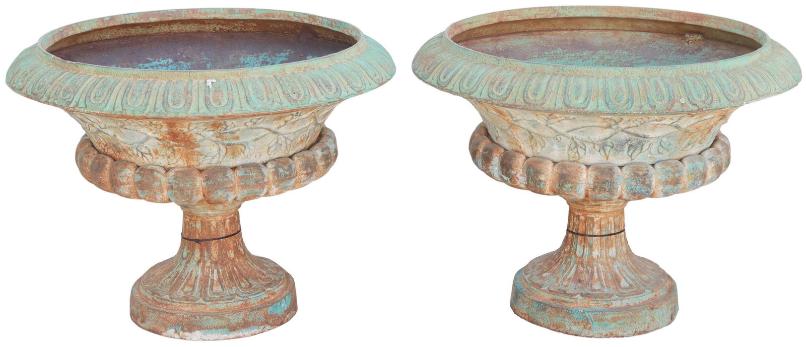 (2) LARGE VERDIGRIS CAST IRON GARDEN URN PLANTERS (1 of 3)