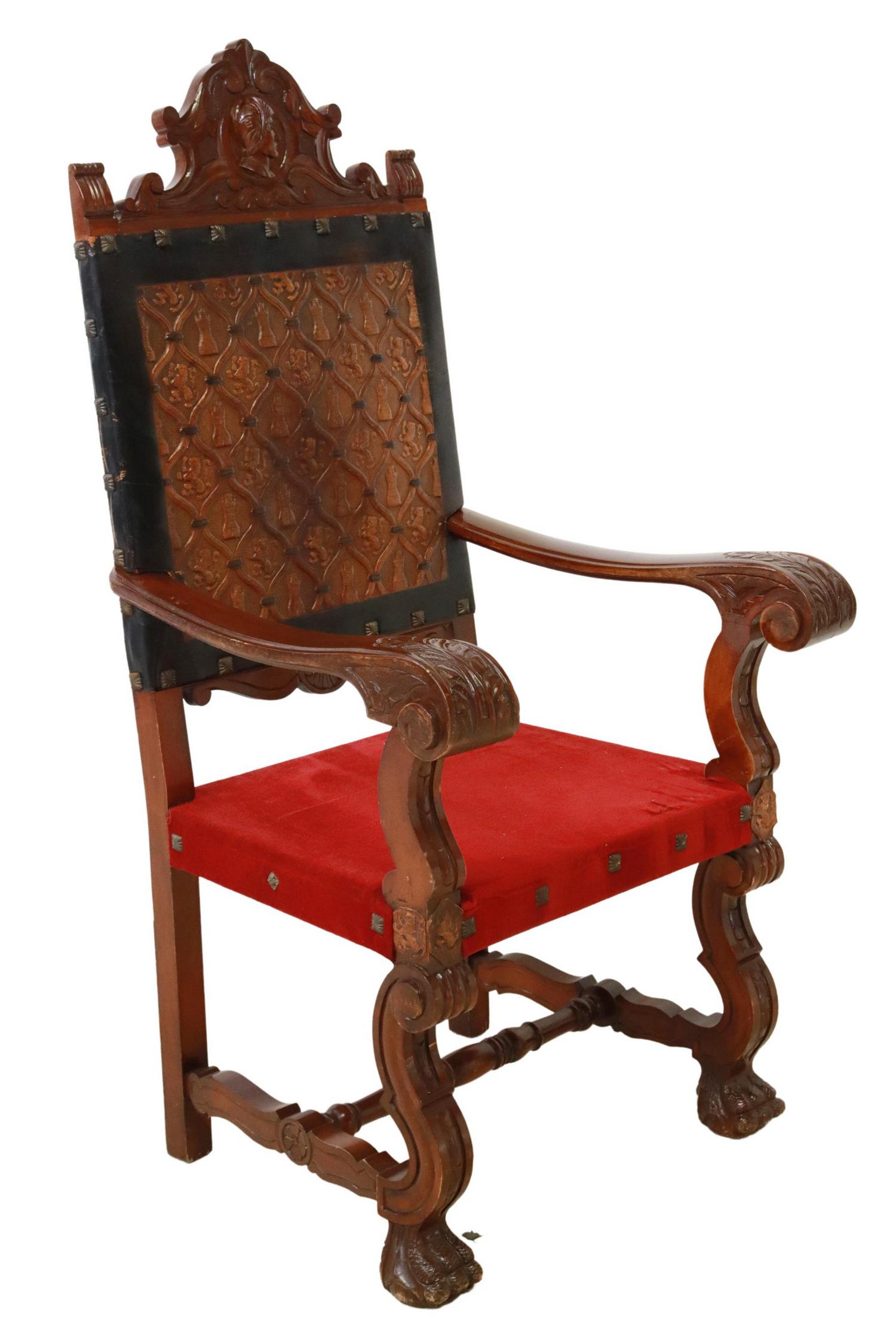 RENAISSANCE REVIVAL TOOLED LEATHER THRONE ARMCHAIR: Renaissance Revival throne armchair, early 20th c., scrolling foliate crest centering cavalier in profile, over back faced with rampant lion and turret tooled leather, with decorative nailheads, large