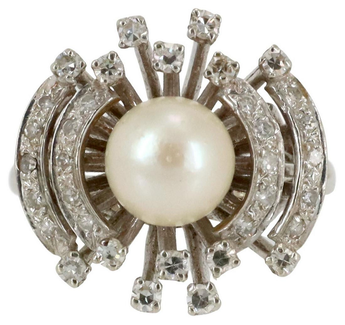 ESTATE 14KT WHITE GOLD PEARL & DIAMOND RING (1 of 5)