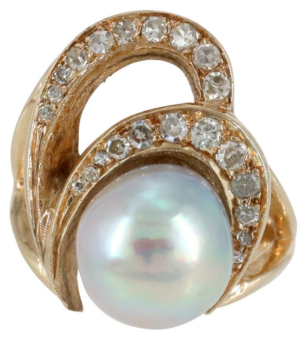 ESTATE 14KT YELLOW GOLD PEARL & DIAMOND RING (1 of 5)