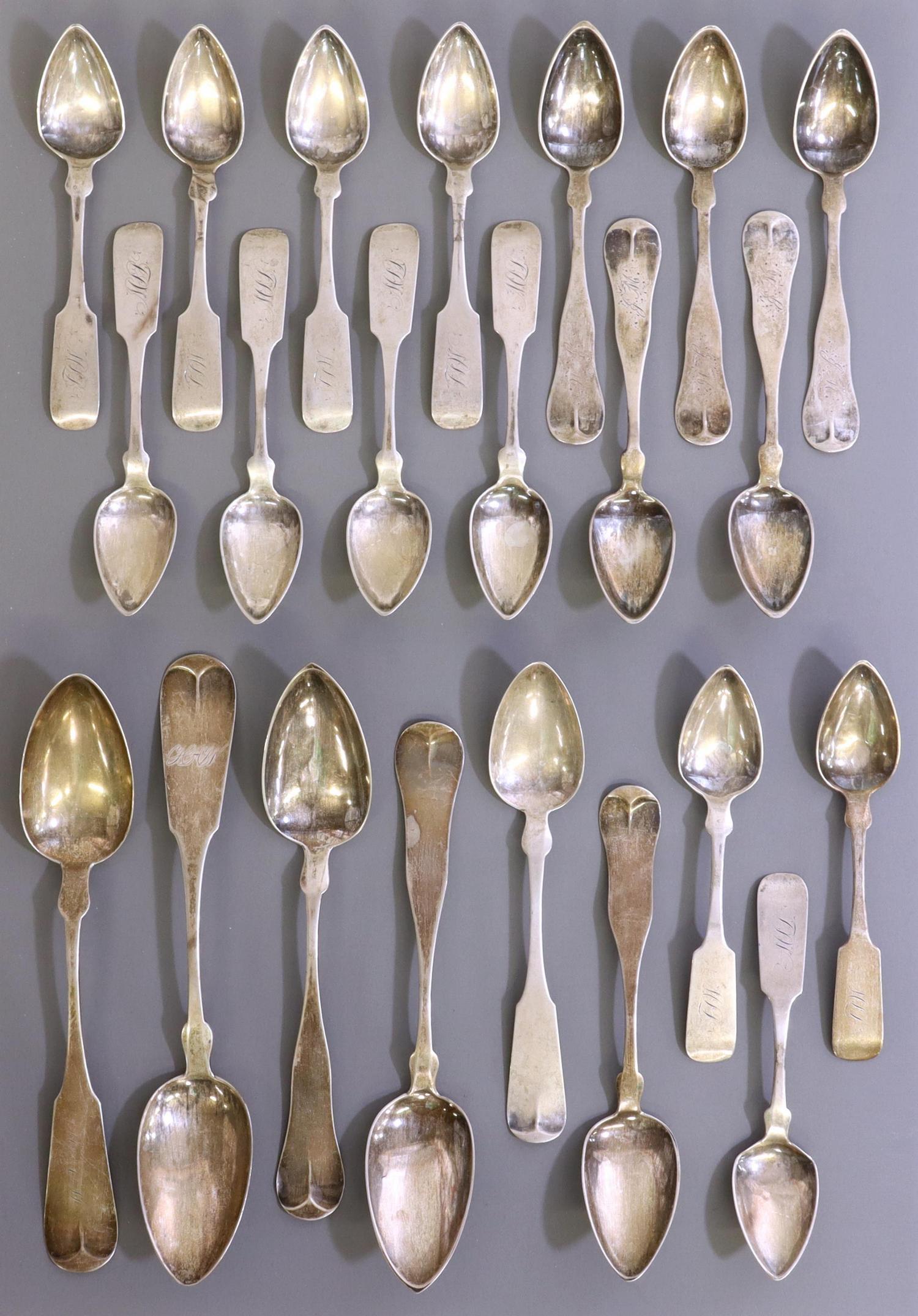 22) AMERICAN NY & MA COIN SILVER FIDDLEBACK SPOONS (1 of 5)