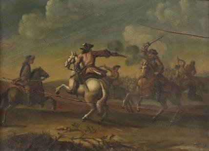 AFTER PHILIPS WOUWERMAN PAINTING ON PANEL CAVALRY: Framed oil on panel painting, Cavalry Battle, initialed lower left PW, after Philips Wouwerman (Dutch, 1619-1668), panel split and braced, sight: approx 8.25"h, 11.5"w, overall: 10.75"h, 14"w, 1lbs **