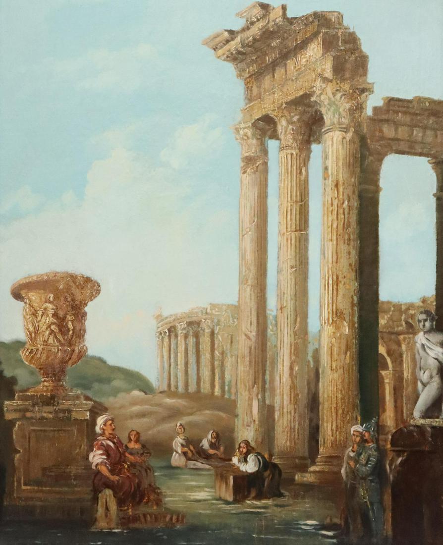 MANNER OF GIOVANNI PANINI ROMAN RUINS OIL PAINTING: Framed oil on canvas painting, Roman Ruins, in the style of Giovanni Paolo Panini (Italian, 1691-1765), unsigned, sight: approx 28"h, 23"w, overall: approx 34.5"h, 29"w, 10.25lbs Start Price: $300.00