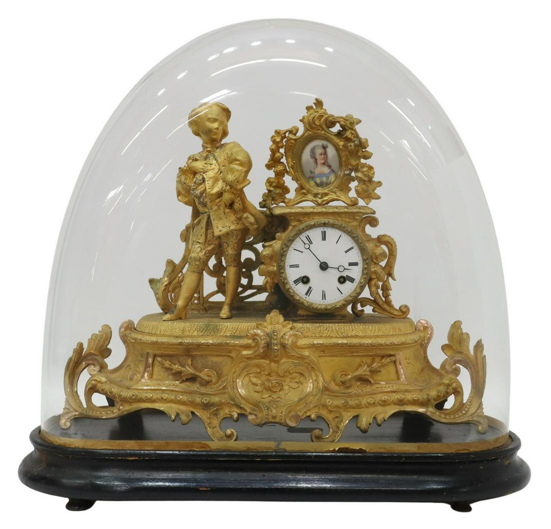 FRENCH FIGURAL GILT METAL CLOCK IN GLASS CLOCHE (1 of 6)