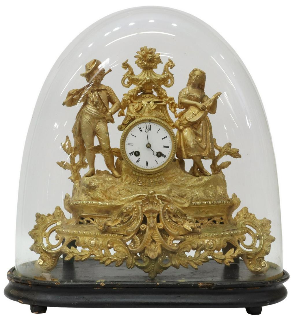 FRENCH FIGURAL GILT METAL CLOCK IN GLASS CLOCHE (1 of 6)