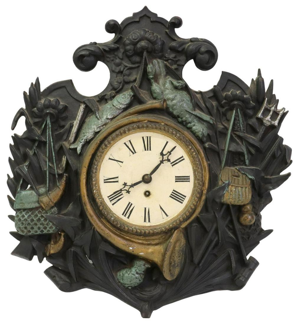 FRENCH CAST IRON HUNTING MOTIF WALL CLOCK (1 of 5)