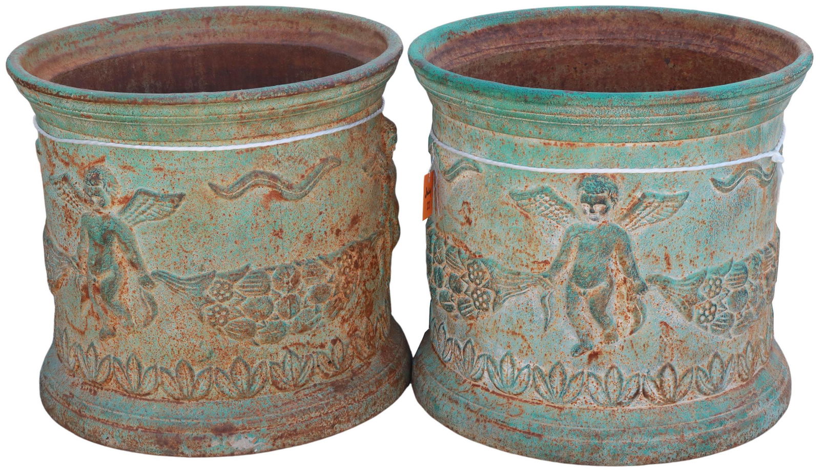 (2) VERDIGRIS PATINATED CAST IRON GARDEN PLANTERS (1 of 3)