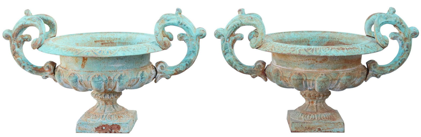 (2) VERDIGRIS PATINATED CAST IRON HANDLED URNS (1 of 3)