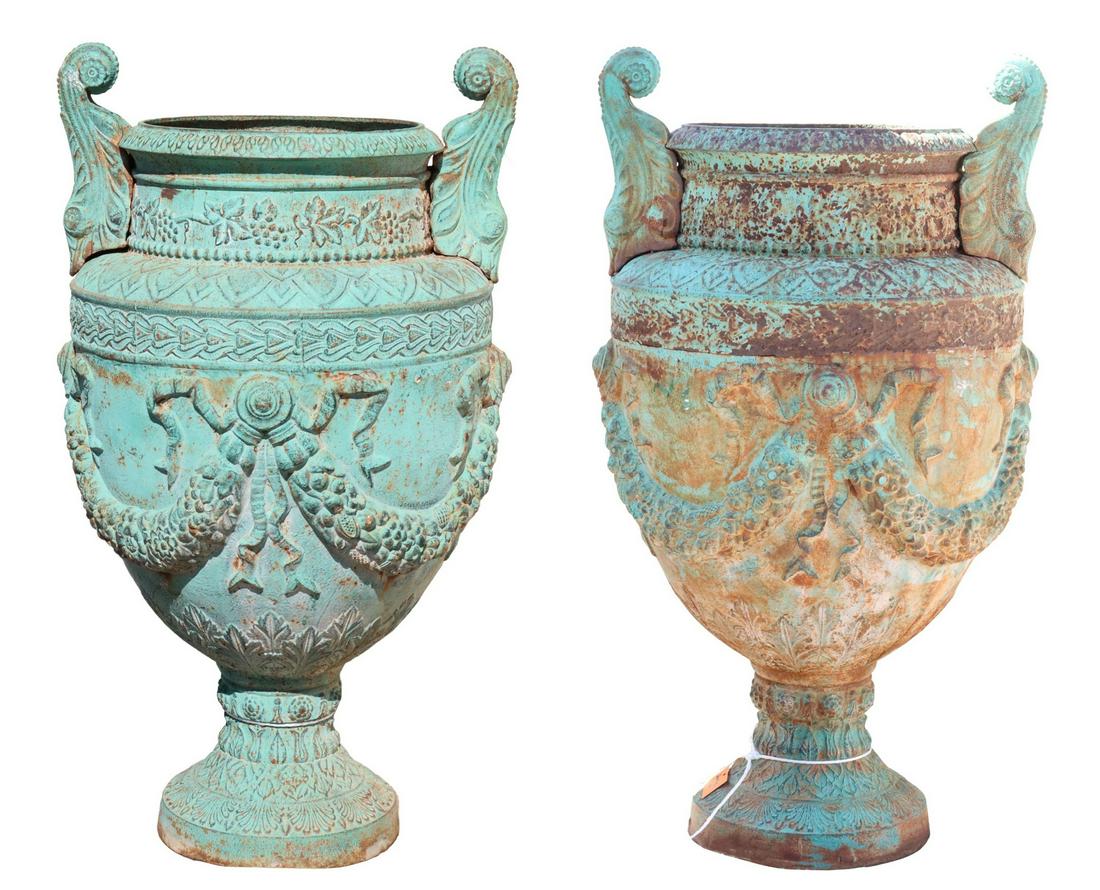 (2) LARGE VERDIGRIS CAST IRON GARDEN URNS, 49.5"H (1 of 4)