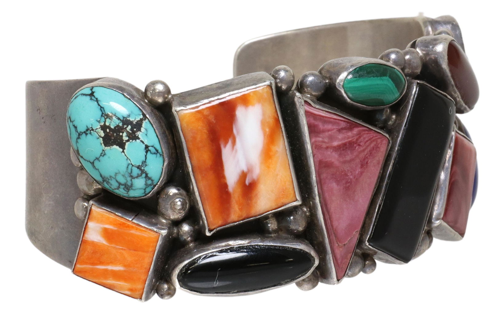 SOUTHWEST GARCIA STERLING & MULTI-STONE CUFF: Southwest sterling silver cuff bracelet, signed Garcia, multi-stone cabochons, including orange and purple spiny oyster shell, turquoise, malachite, scrimshaw plaque with clipper ship, approx 1 3/8"w,