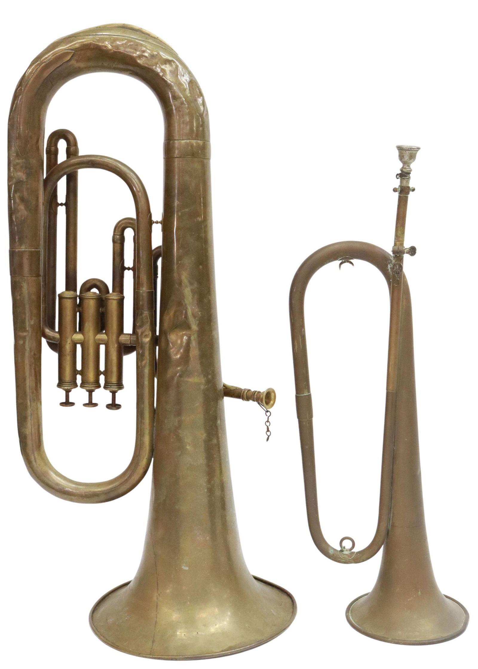(2) FRENCH BRASS HORN INSTRUMENT & MILITARY BUGLE (1 of 2)