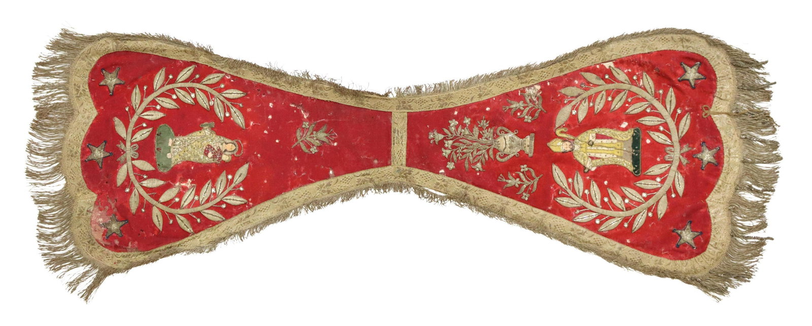 LITURGICAL VESTMENT FIGURAL METALLIC EMBROIDERY: Liturgical vestment, possibly a maniple or stole, 19th c., worn red velvet ground, bilateral images of Bishop Saint and the Madonna with Child, enclosed in foliate wreath, metallic thread embroidery, 