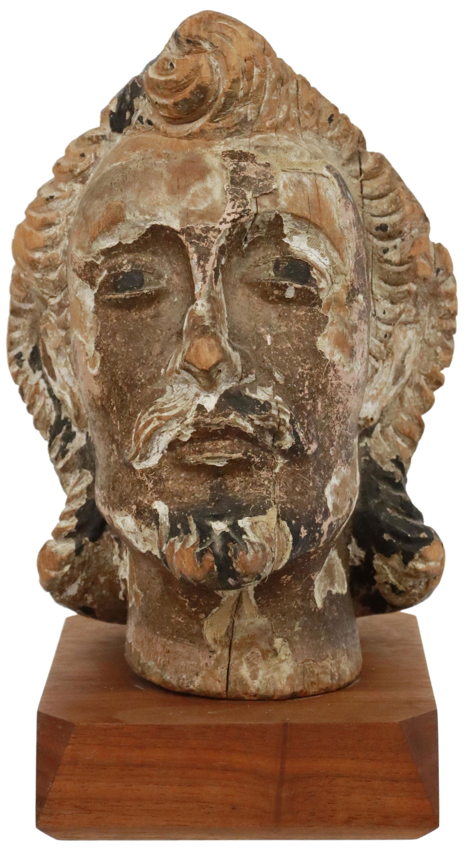 LARGE CARVED SANTO HEAD, MALE SAINT, 19TH C. (1 of 2)