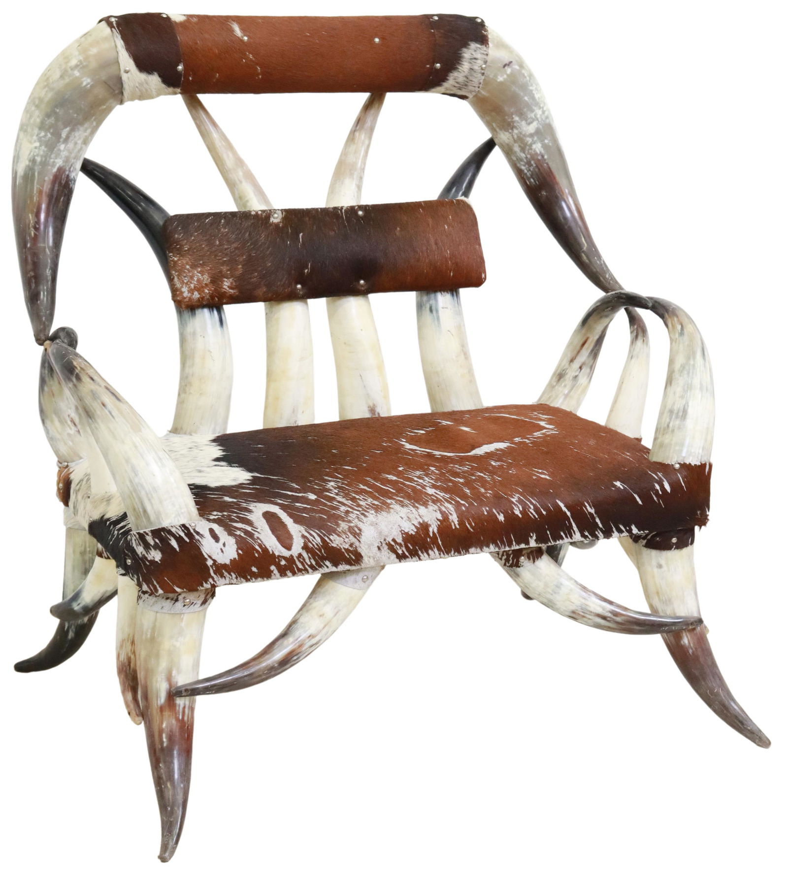 HORN & COWHIDE SETTEE, 20TH C., 46"W (1 of 3)
