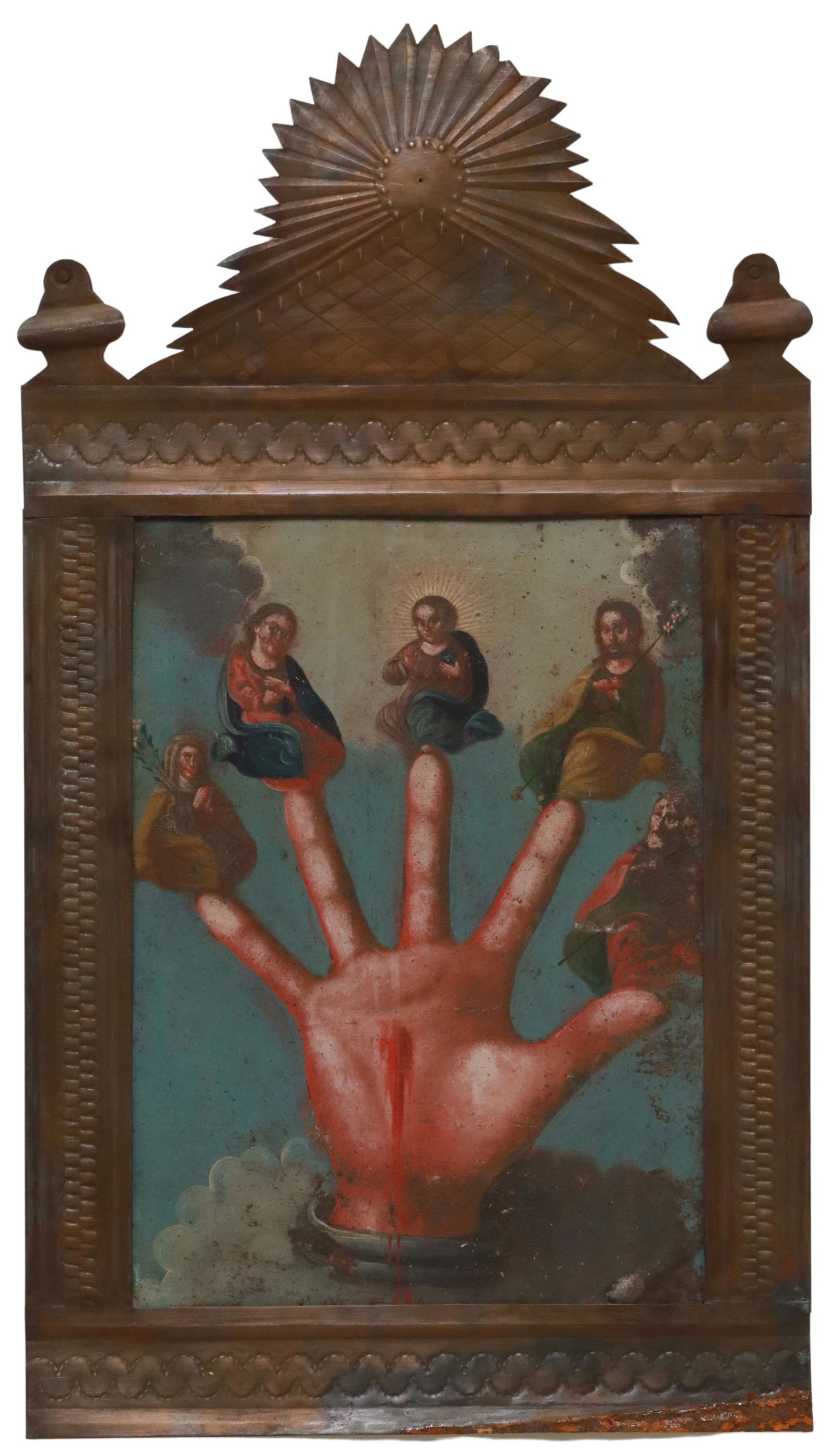 OIL ON TIN RETABLO, OMNIPOTENT HAND OF CHRIST (1 of 3)