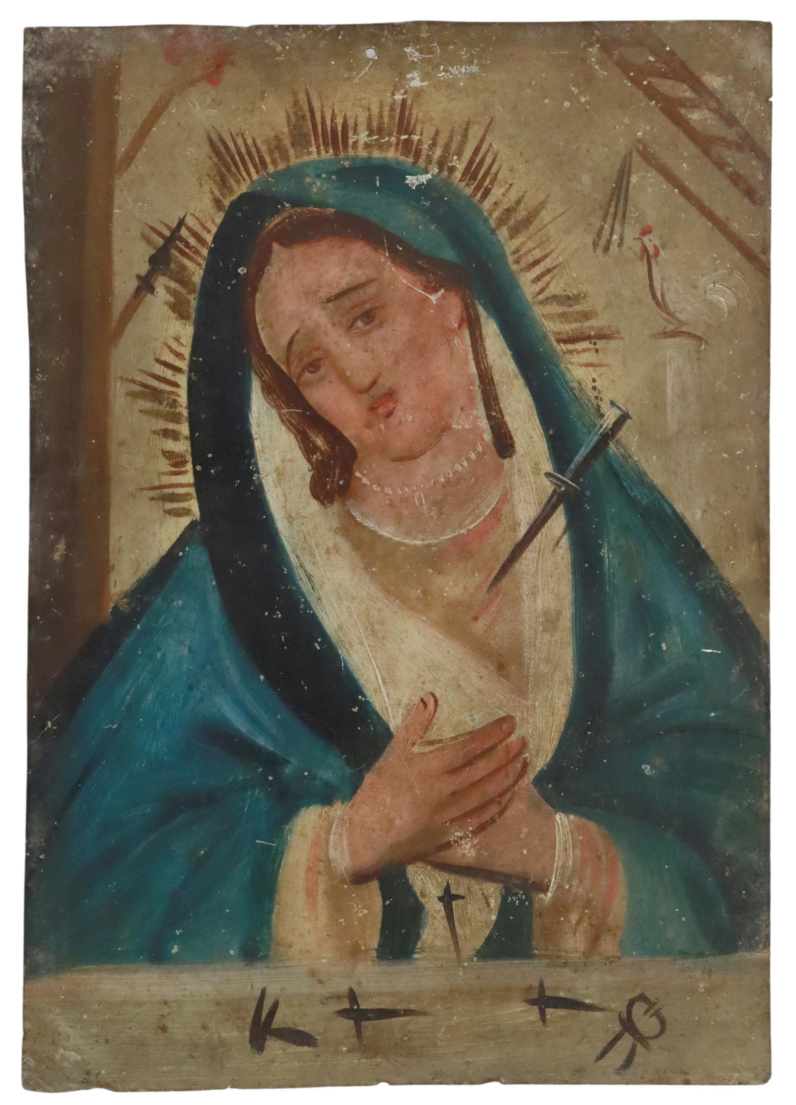 OIL ON TIN RETABLO, OUR LADY OF SORROWS: Unframed oil on tin retablo, Nuestra Senora de los Dolores (Our Lady of Sorrows), 19th c., depicting the Virgin Mary, a sword piercing her heart, background with the Arma Christi/ Instruments of the P