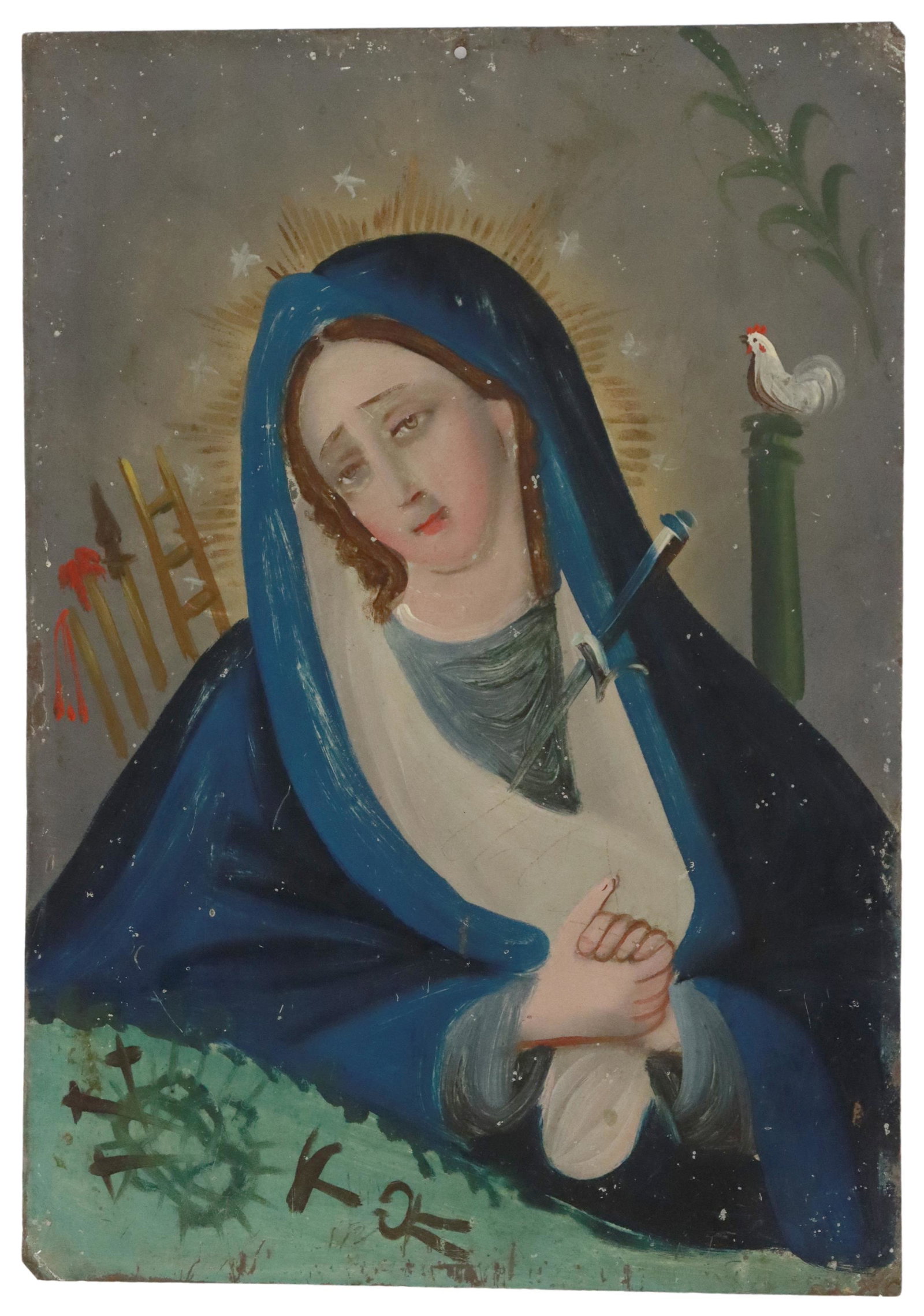 OIL ON TIN RETABLO, OUR LADY OF SORROWS: Unframed oil on tin retablo, Nuestra Senora de los Dolores (Our Lady of Sorrows), 19th c., depicting the Virgin Mary, a sword piercing her heart, background with the Arma Christi/ Instruments of the P