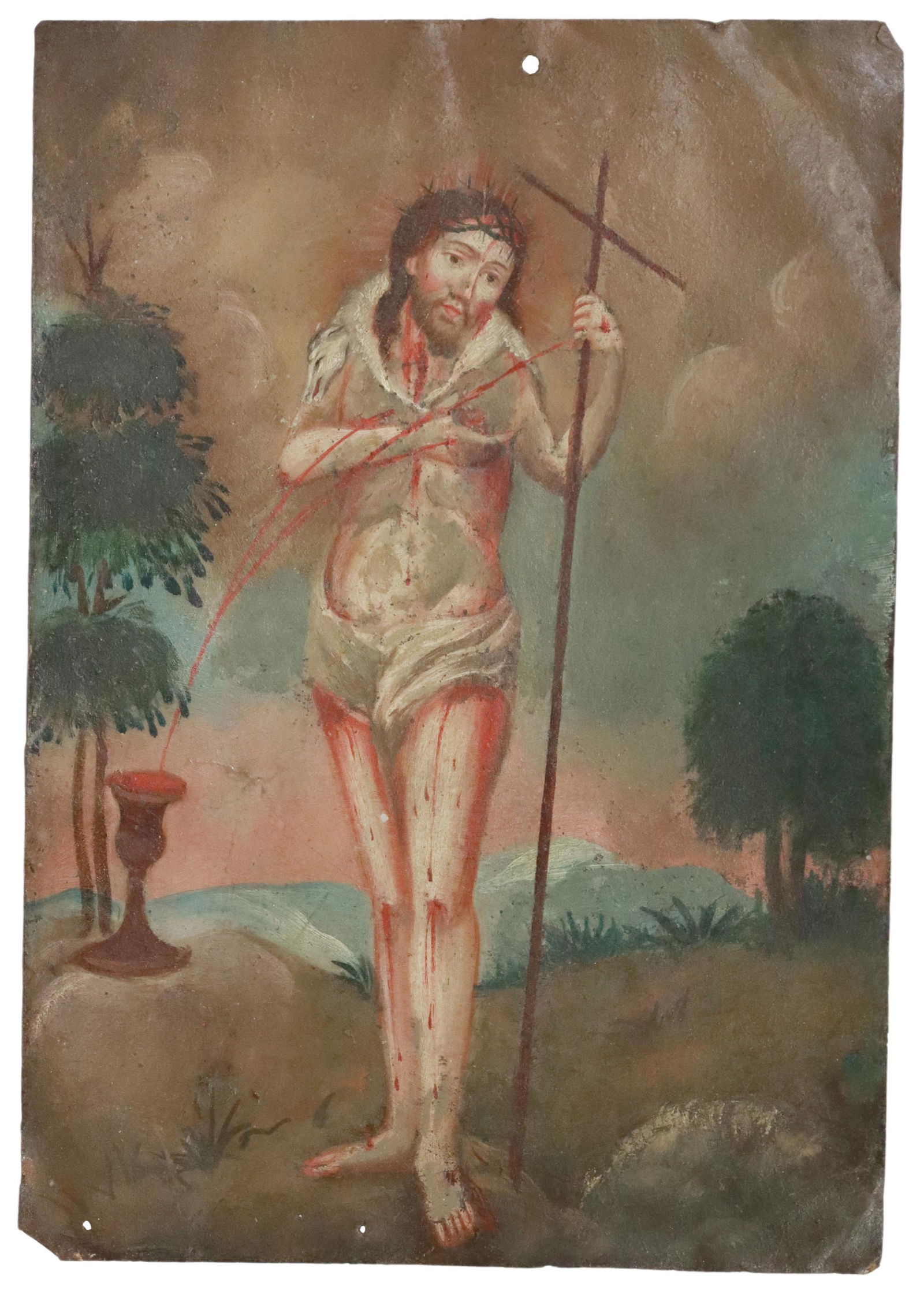 OIL ON TIN RETABLO, CHRIST MAN OF SORROWS (1 of 2)