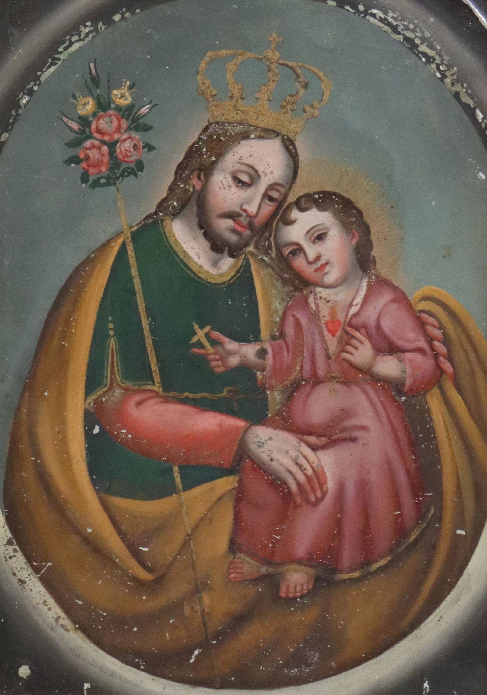 LARGE OIL ON TIN RETABLO, ST JOSEPH & CHRIST CHILD (1 of 3)