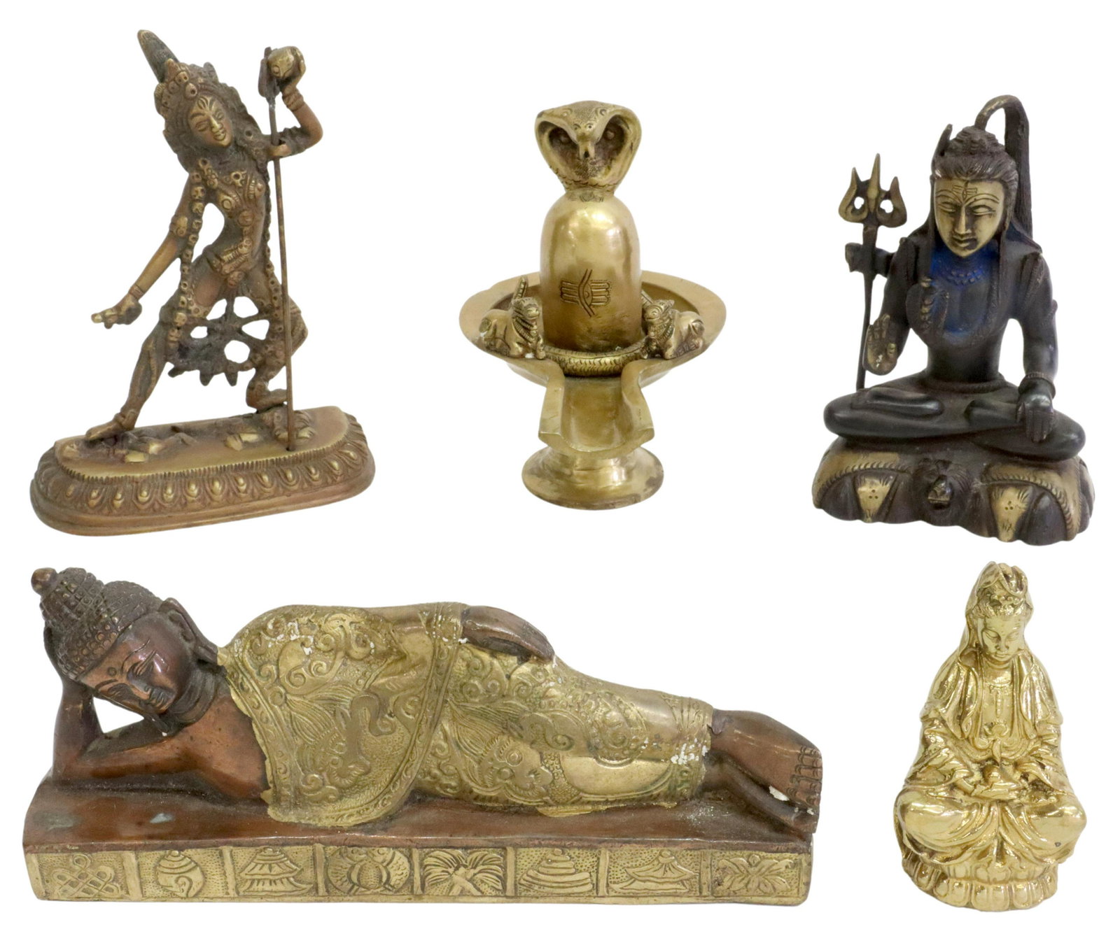 (5) VINTAGE BRASS, BRONZE HINDU & BUDDHIST FIGURES: (lot of 5) Buddhist and Hindu figures, including: (1) brass Lingam, an aniconic representation of Shiva, a cobra snake looks down at the lotus flower at top of a cylinder, all above an elongated bowl 