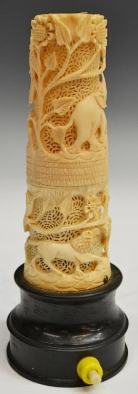 CHINESE CARVED IVORY NIGHT LAMP, LIONS: **This item will not be shipped Internationally** Carved ivory on wood stand formed as a night lamp, the tusk column well carved wth lions and flowers on a pierced background, likely reduced height, i