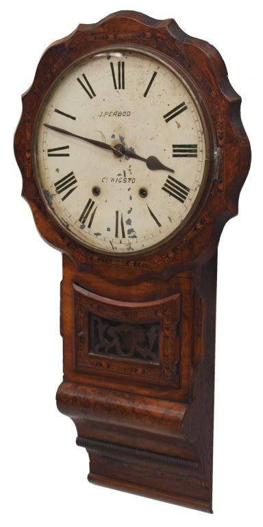 WALNUT CASED WALL CLOCK: Walnut cased wall clock with arrow form inlay, face marked "J. Peabod(y), Ct. Wigsto(n)", time and strike works, rough case, pint loss at face, 31"h, 16.5"w, 5"d, Start Price: $50.00