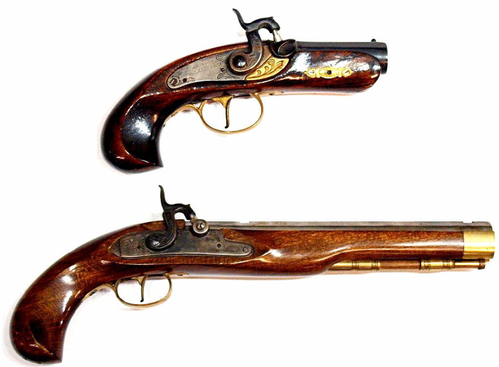 (2) TWO REPRODUCTION BLACK POWDER PISTOLS, SPAIN: (lot of 2) Jukar, Spain reproduction black powder only pistols: (1) .45 caliber, 9" octagonal barrel, SN 140020; (1) Philadelphia Derringer, believed to be .45 caliber, 3" partial octagonal barrel, SN